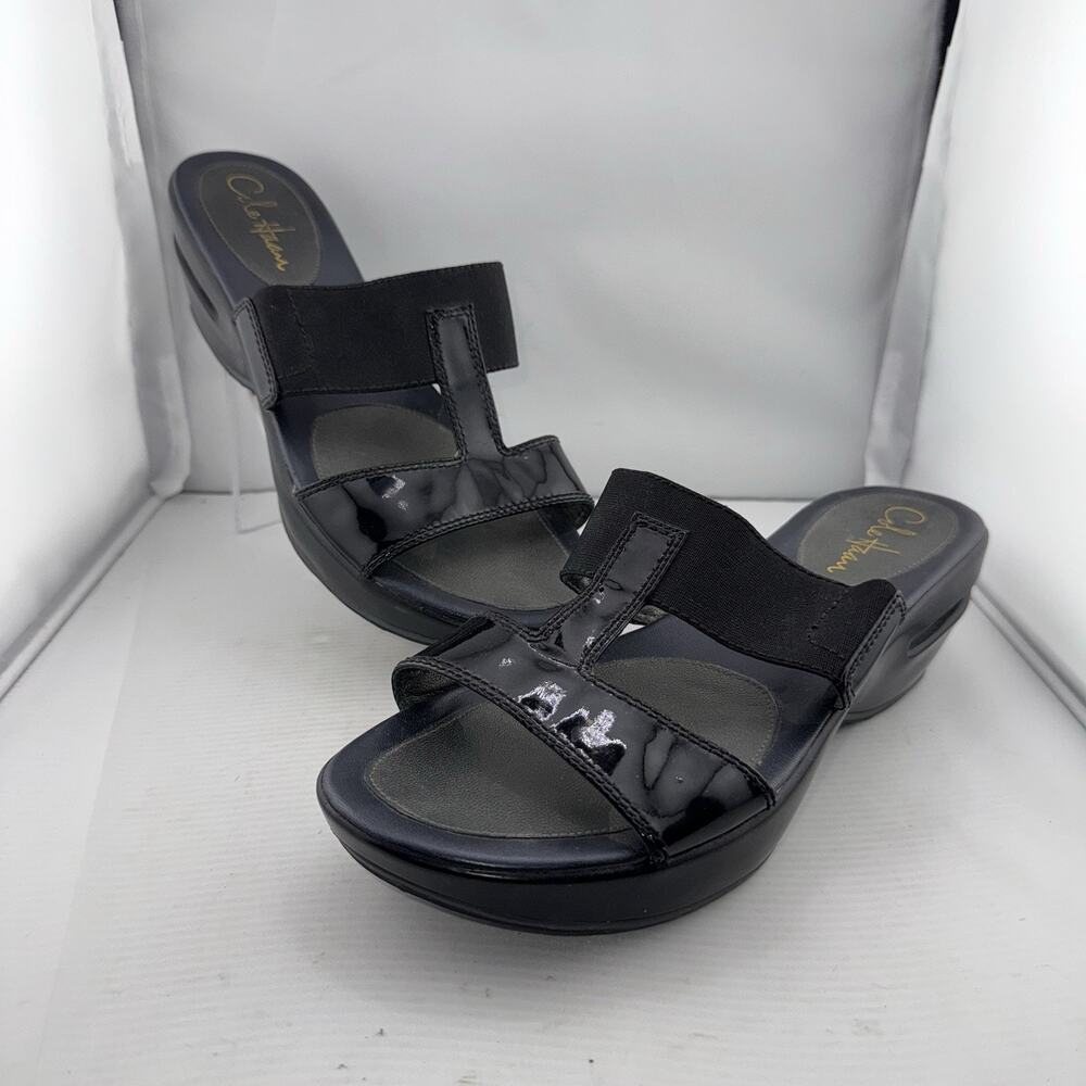 Cole Haan Women’s 9B Air Slide Sandals Black Glossy Wedge Comfort Slip-Ons Shoes